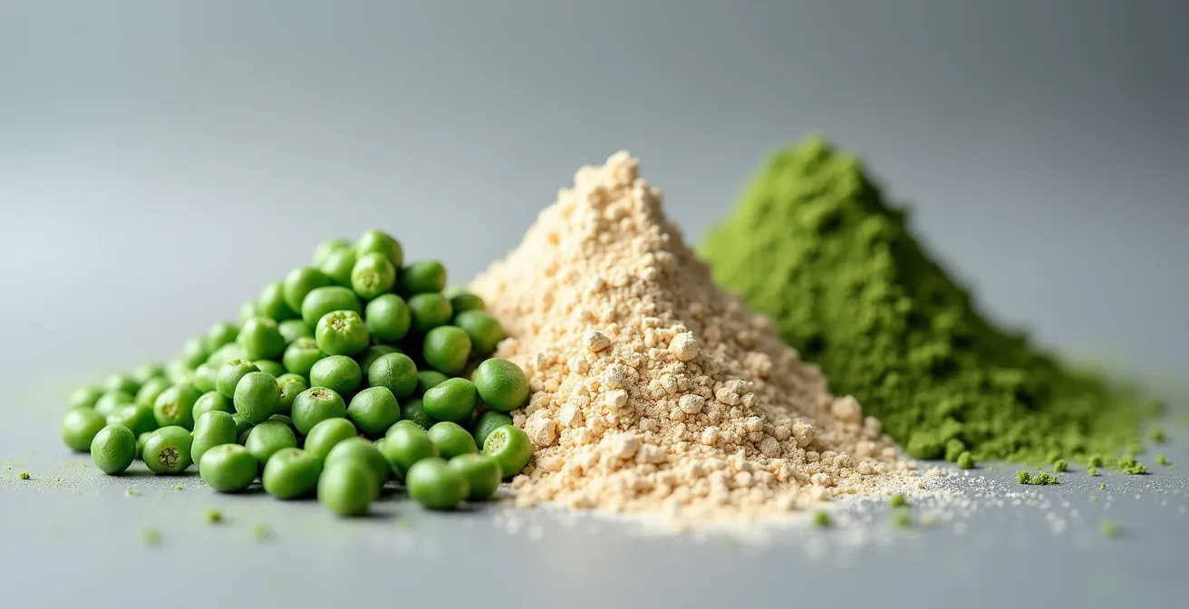 Macro shot of scattered peas, pea flour, and pea protein powder showing the same ingredient in three forms