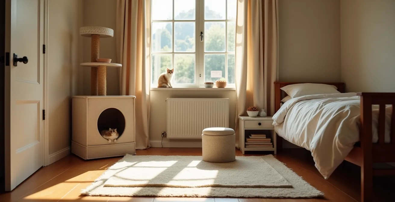 A cozy small room setup for a kitten showing strategic placement of resources including a cat tree near a window, covered hideaway spots, and properly spaced food and litter areas