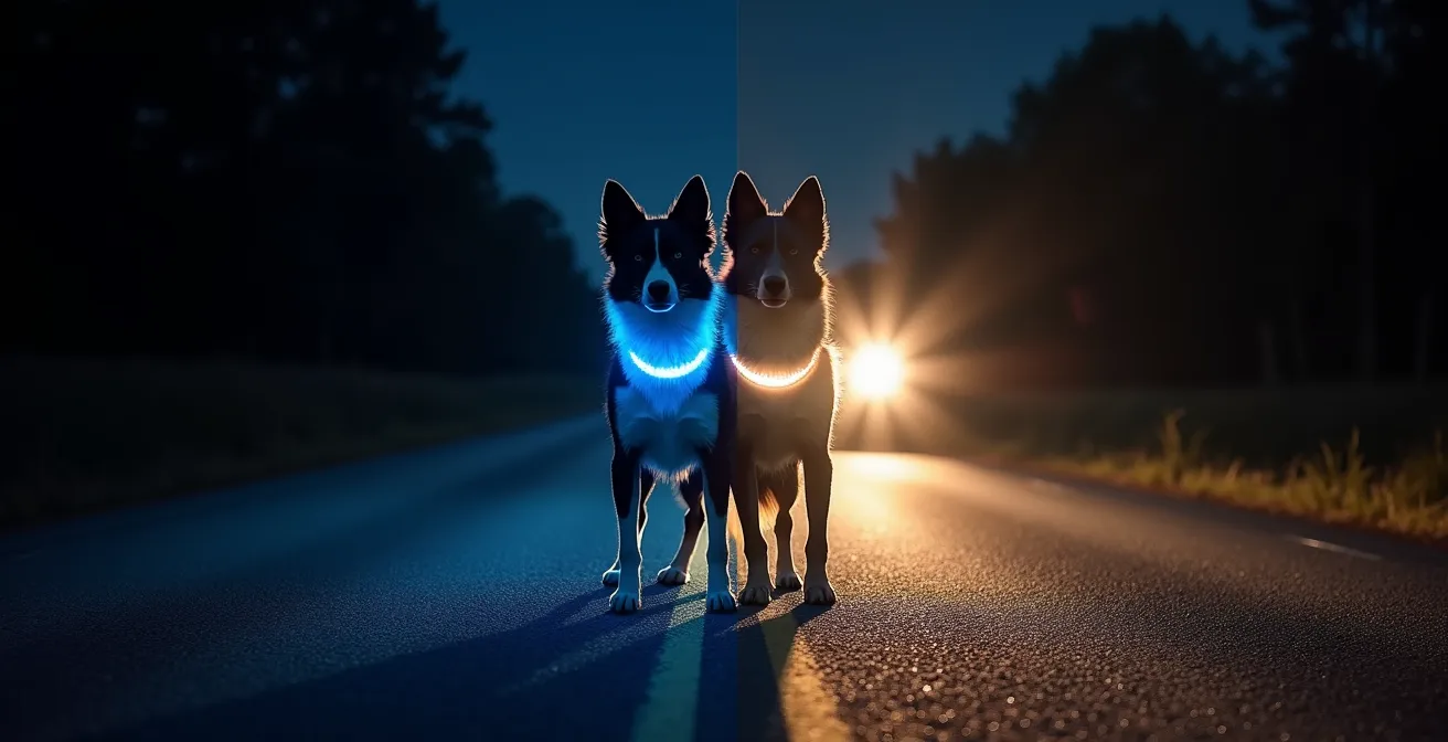 Split-screen comparison showing same dog with LED collar on left and reflective vest on right in rural darkness