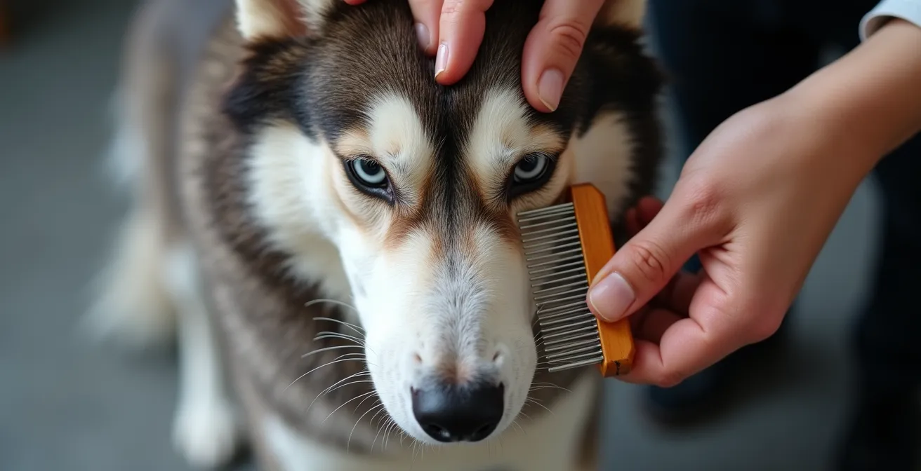 Close-up of proper line brushing technique on double-coated dog