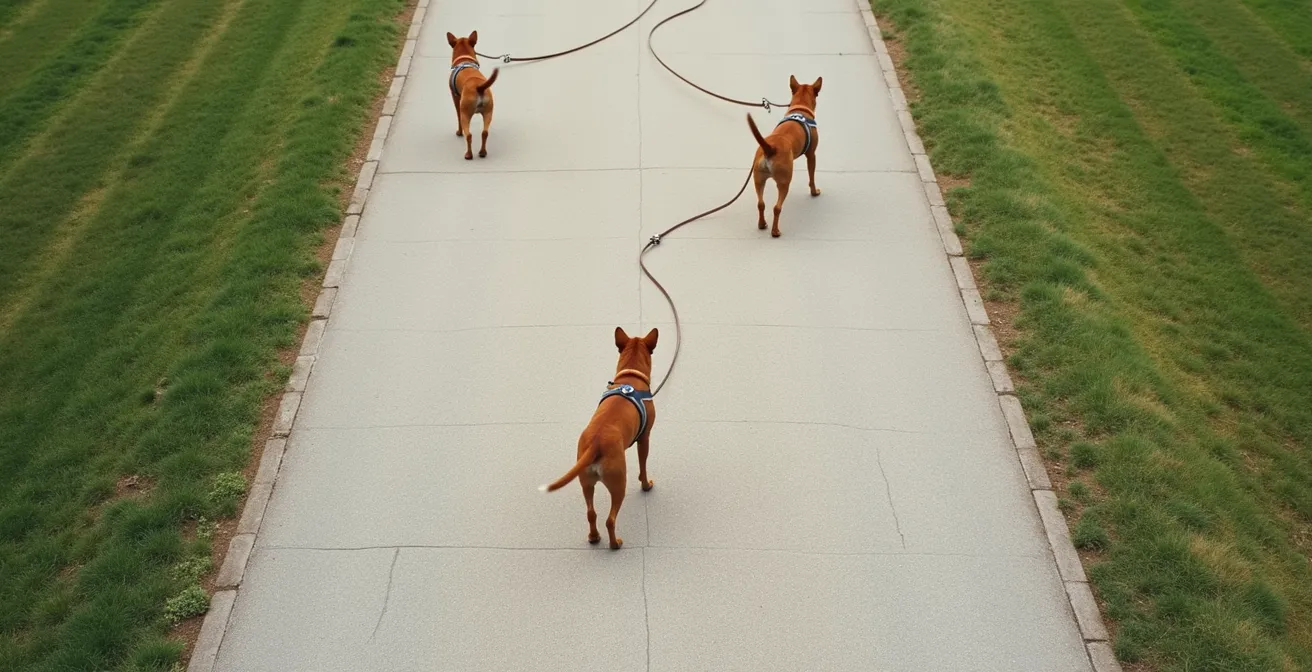 Dog on 5-meter leash showing directional control with Y-harness