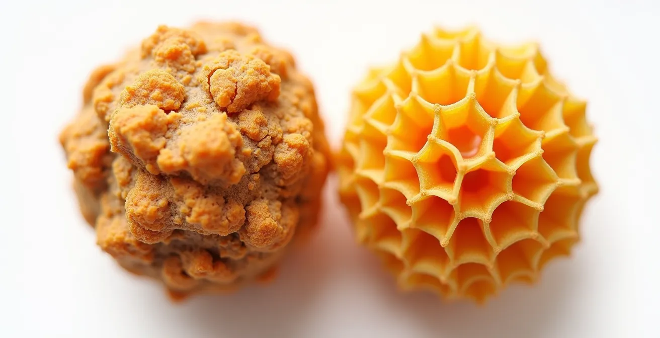 Extreme close-up comparison of baked versus extruded kibble showing texture differences