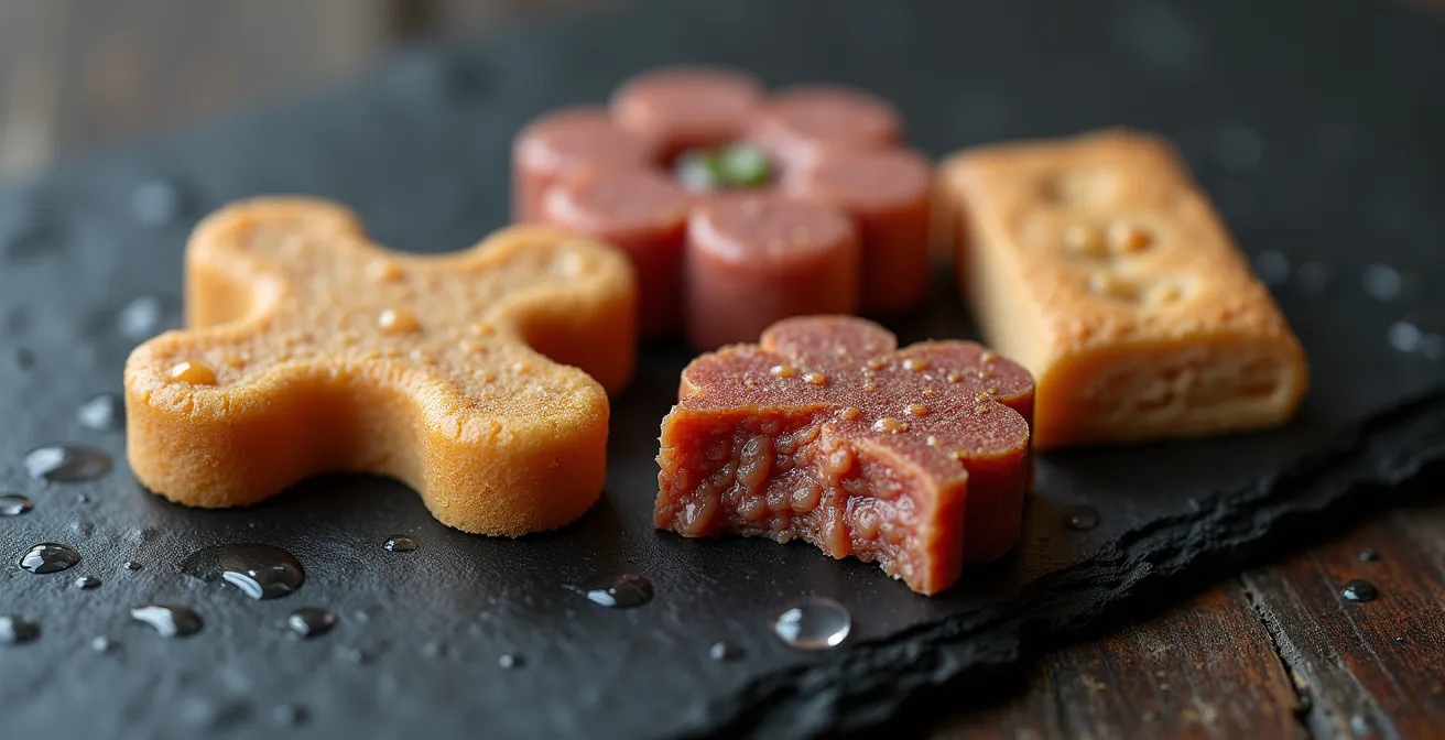 Extreme close-up macro shot of different dog treat textures showing soft versus crunchy surfaces