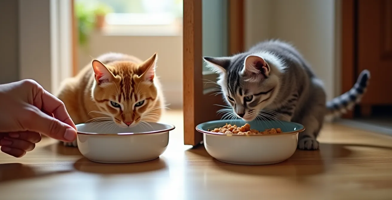Two cats eating peacefully on opposite sides of a slightly open door with visible spacing showing the gradual distance reduction method