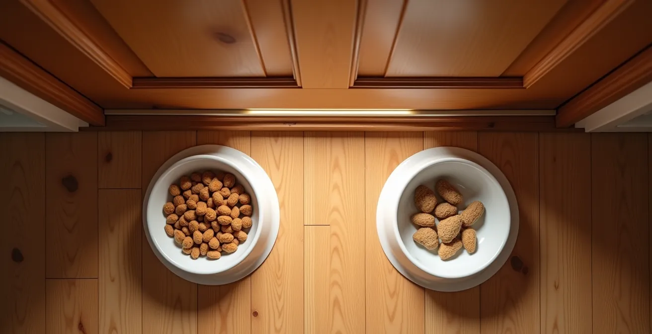 Overhead view of two food bowls placed on opposite sides of a closed door