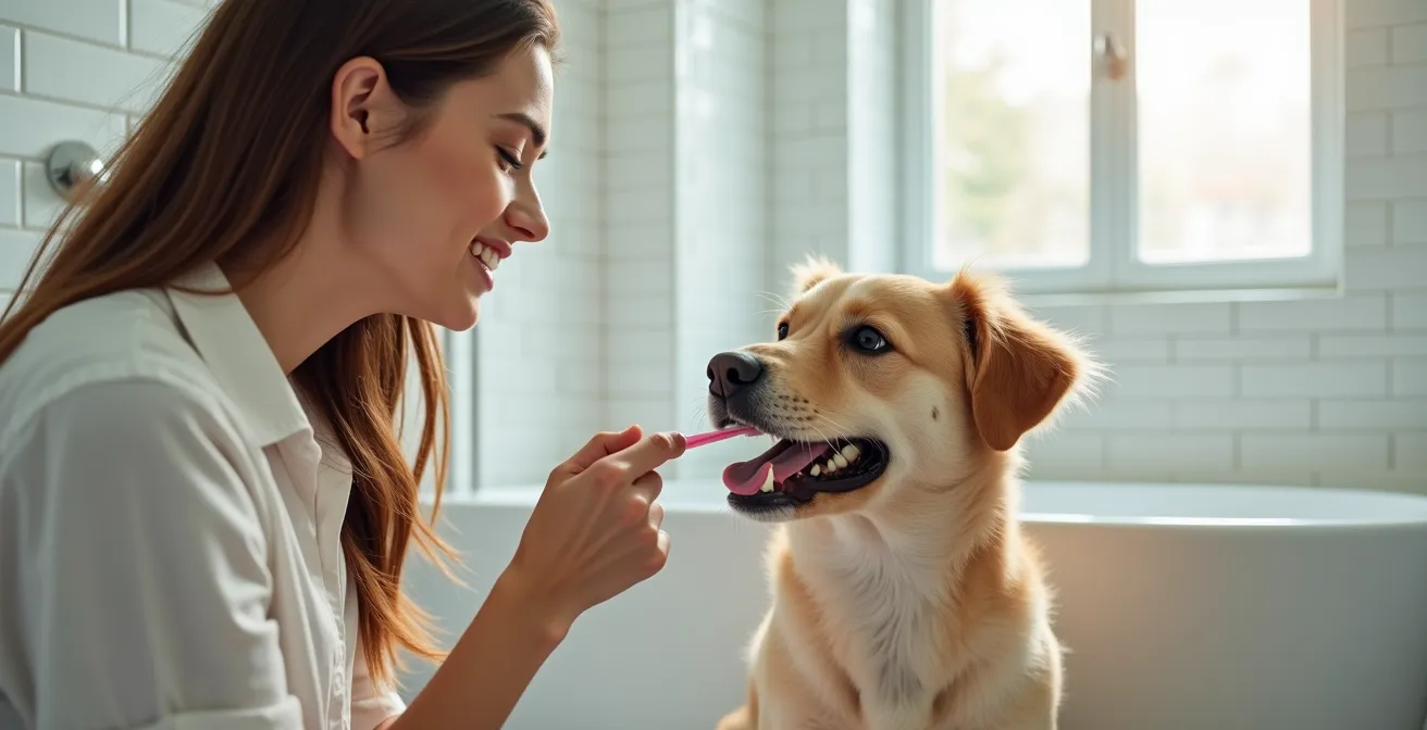 Owner demonstrating gentle toothbrush introduction technique with a cooperative dog