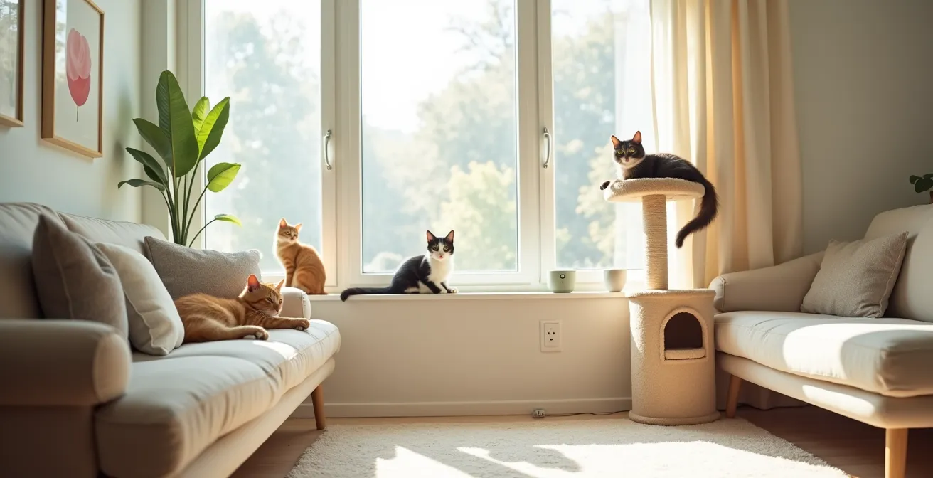 Multiple cats peacefully coexisting in a living room with a diffuser visible in the corner
