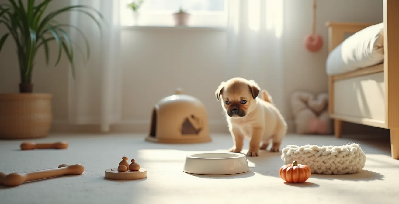 Wide shot of calm home environment with puzzle toys and comfort items arranged for pre-surgery puppy distraction