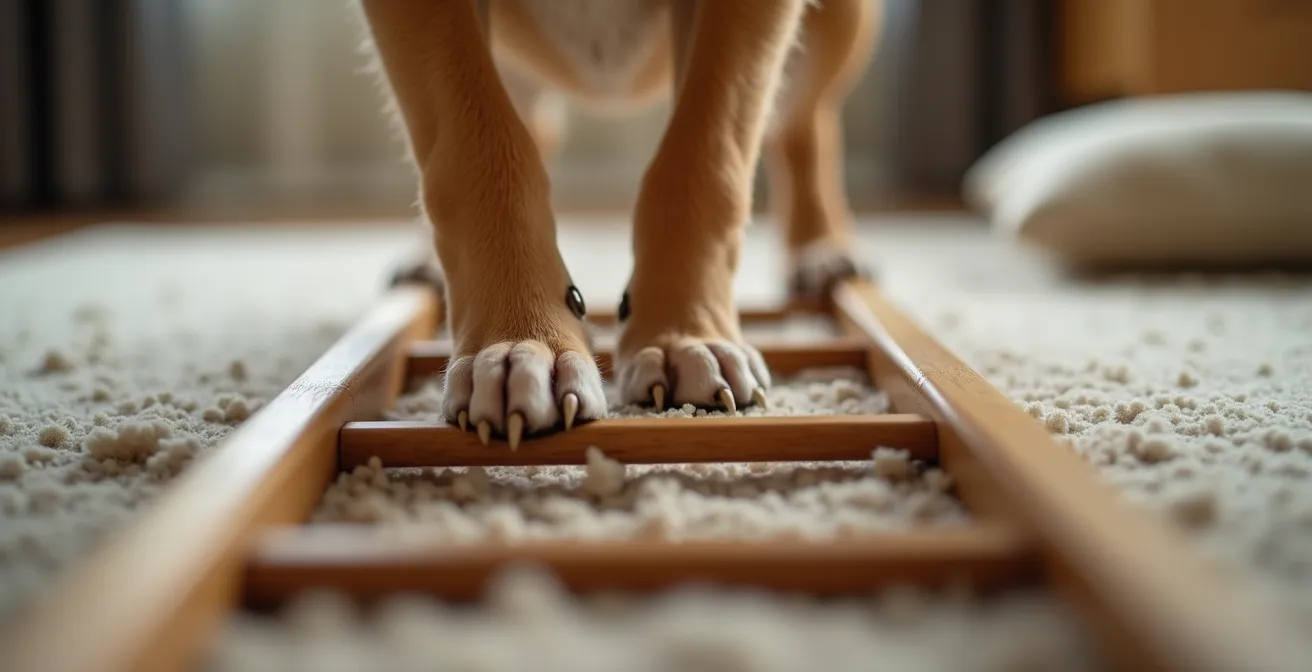 Close-up of dog paws carefully navigating textured surfaces and household training items