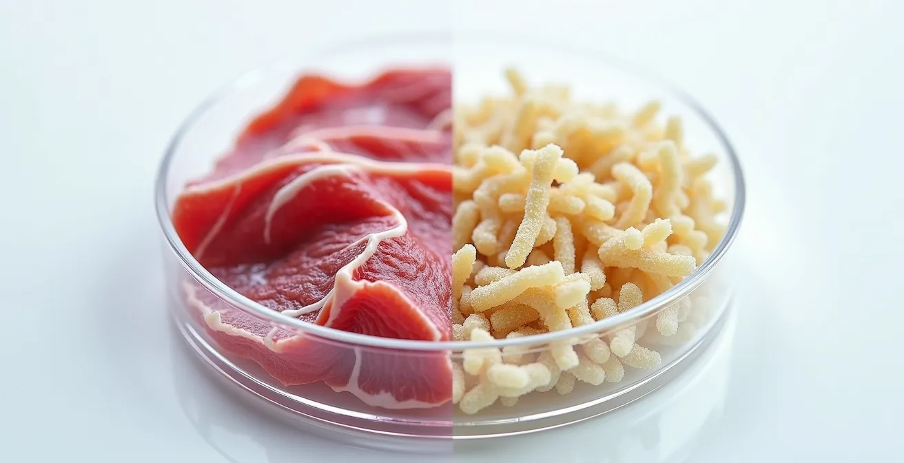 Extreme macro comparison of animal protein structure versus plant protein, showing molecular differences