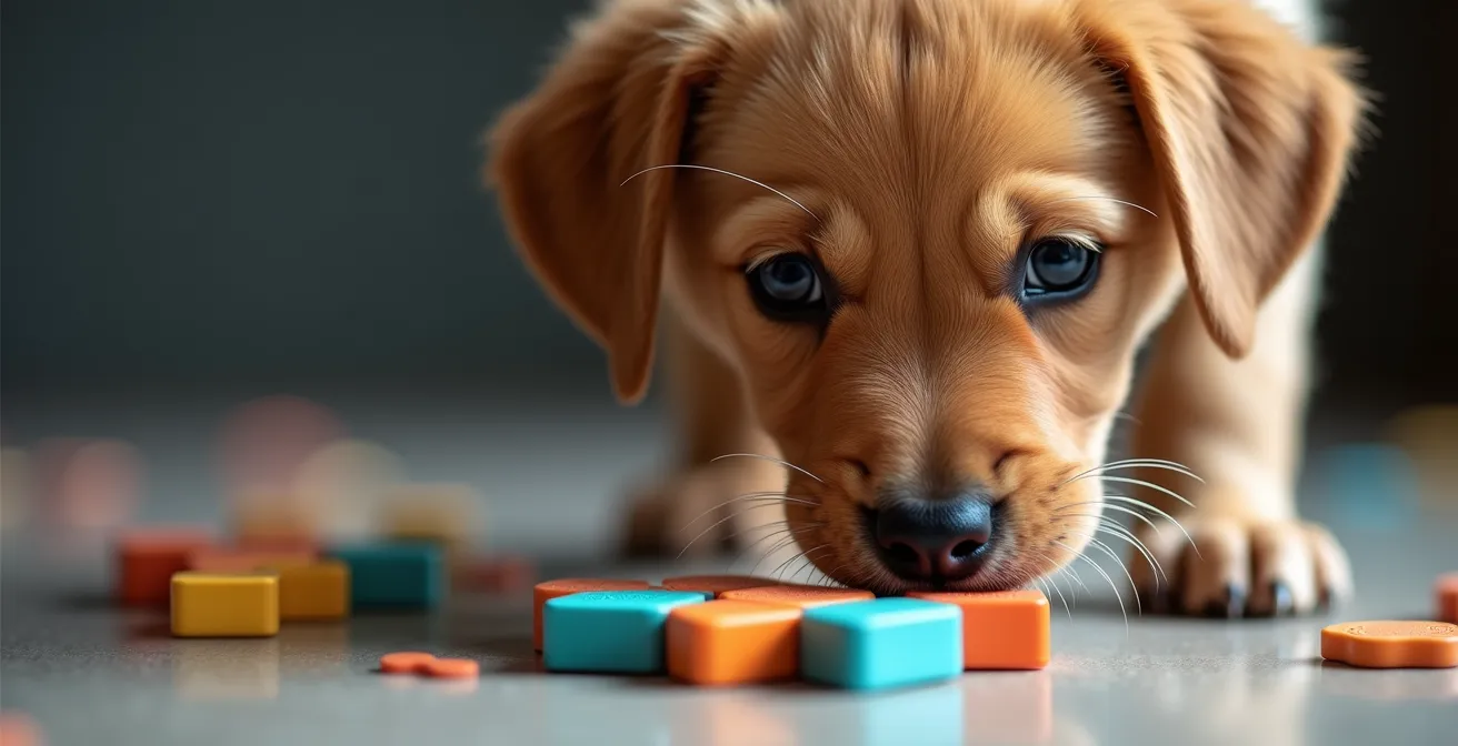 Young puppy engaged in ground-level brain training activities with puzzle toys