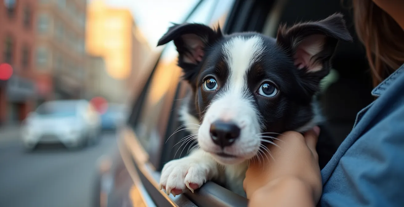 Country puppy observing city environment from safe parked car perspective