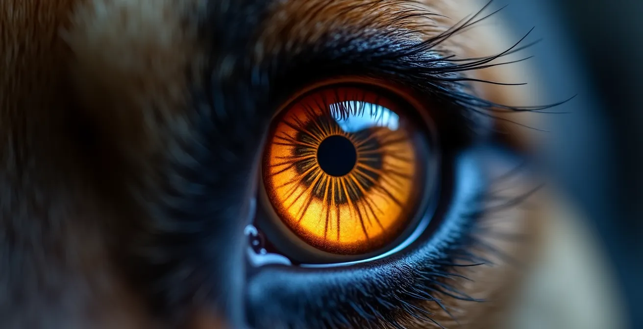 Macro close-up of dog's eye showing neurological symptoms examination