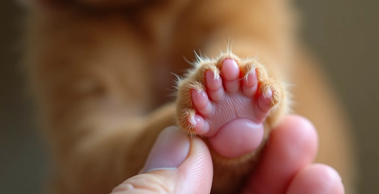 Extreme close-up of small puppy paw being gently examined during touch sensitivity test
