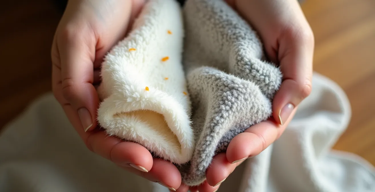 Close-up of hands holding soft cloths for scent exchange between pets