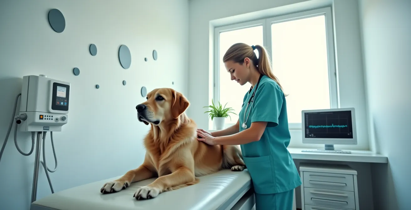 A veterinarian calmly examining a senior golden retriever, with modern health monitoring equipment in the background, symbolizing proactive care.