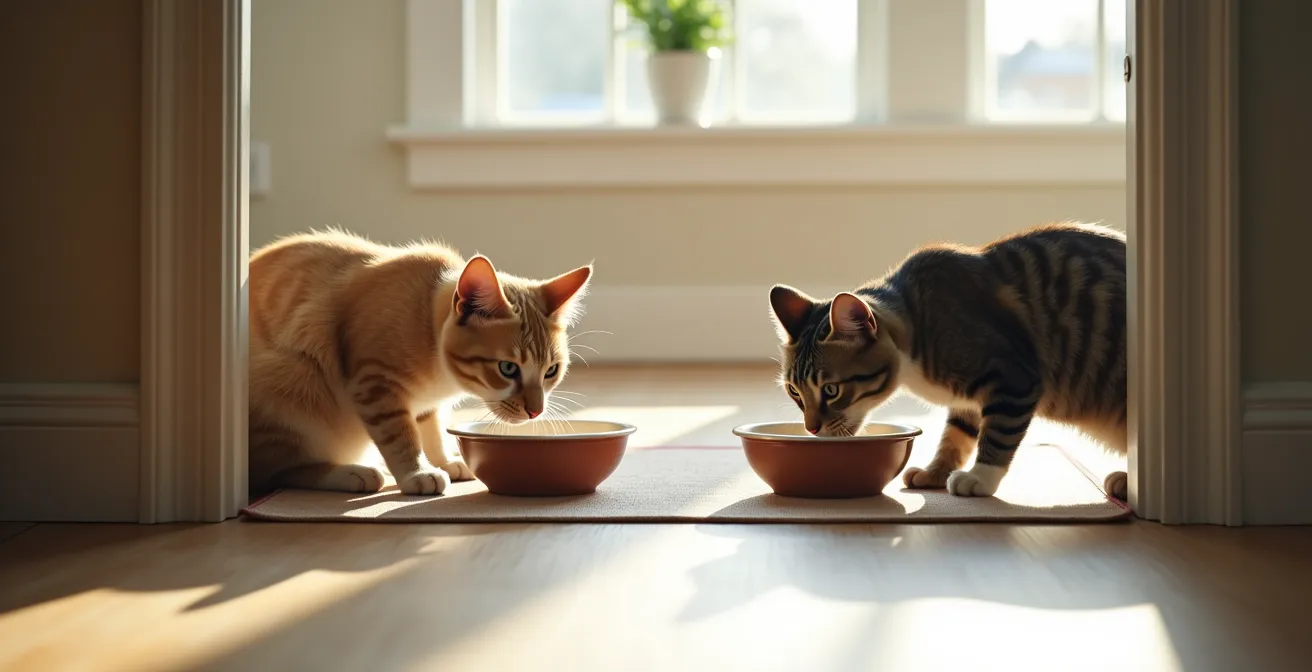 Two cats eating in separate spaces with a visual barrier between them