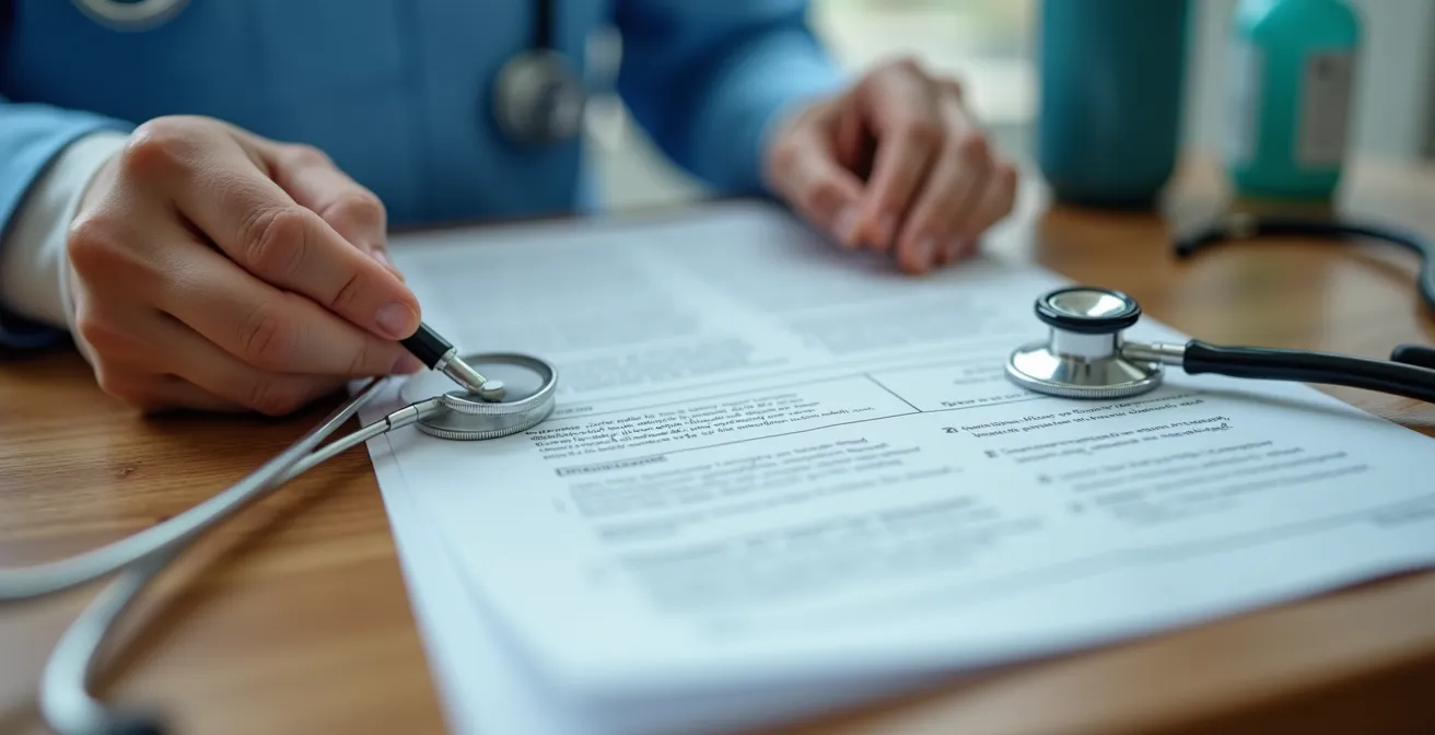 Person carefully reviewing medical documents with veterinary supplies nearby
