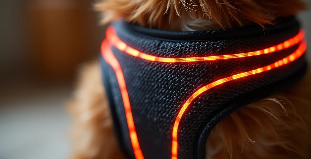Extreme close-up of LED harness fabric showing integrated light fibers and soft padding against fur