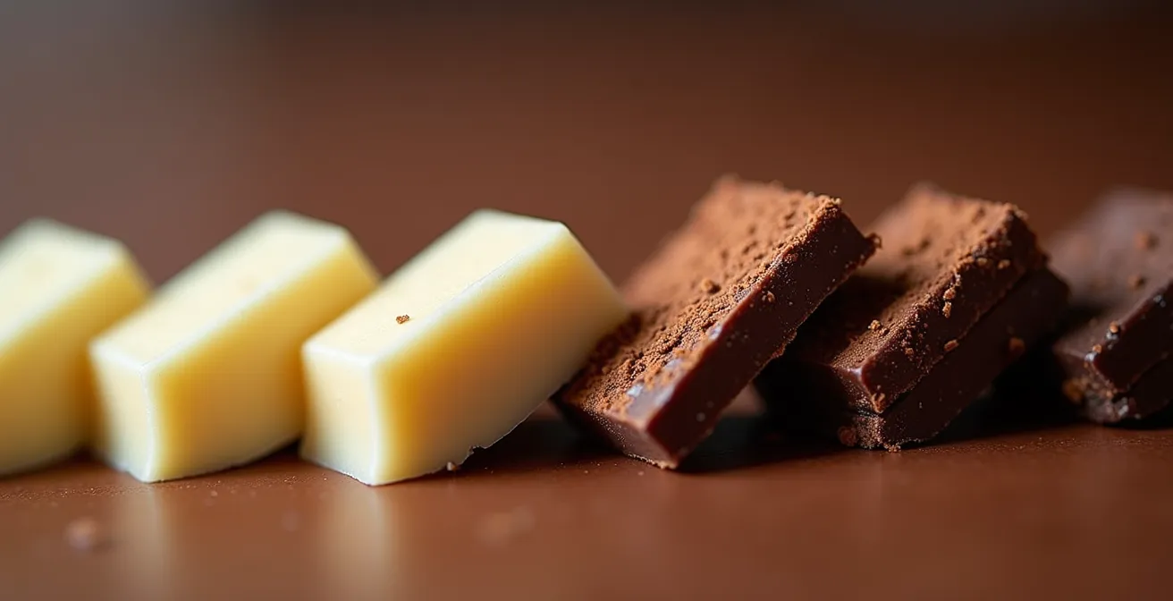 A visual gradient from light white chocolate to dark baker's chocolate, representing increasing toxicity levels for dogs.