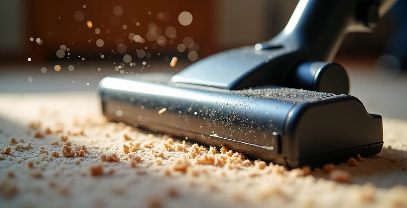 Detailed macro view of vacuum beater bar agitating carpet fibers to dislodge flea eggs and larvae