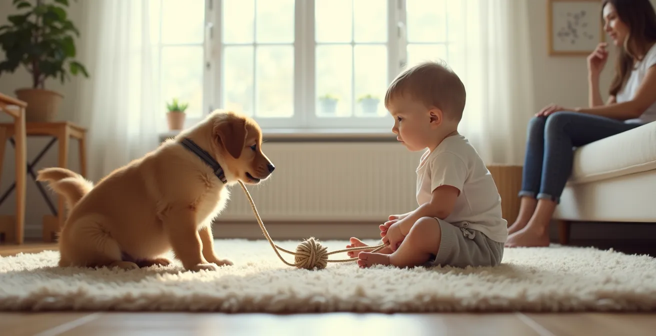 Young child safely interacting with calm puppy during supervised play session