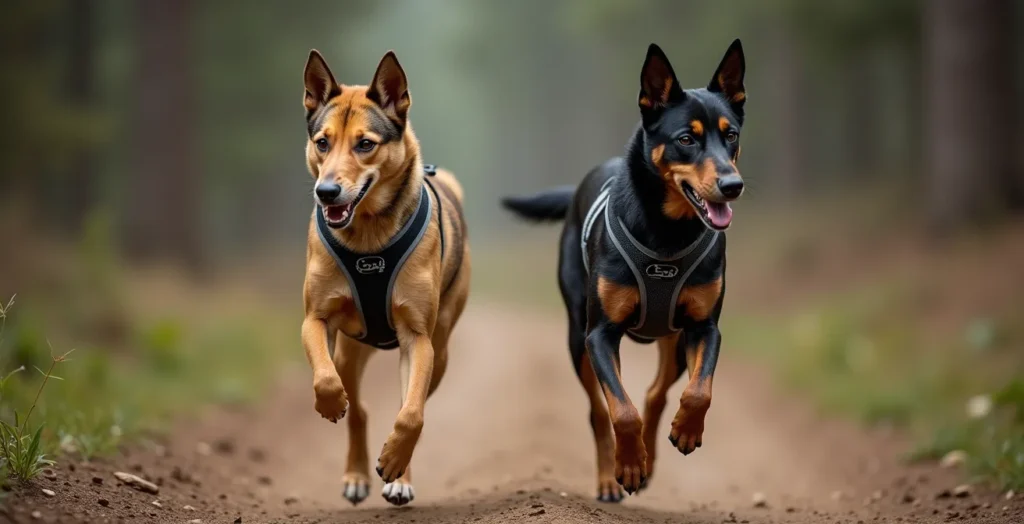 Two dogs with different harness attachment points demonstrating force vector angles Two dogs with different harness attachment points demonstrating force vector angles
